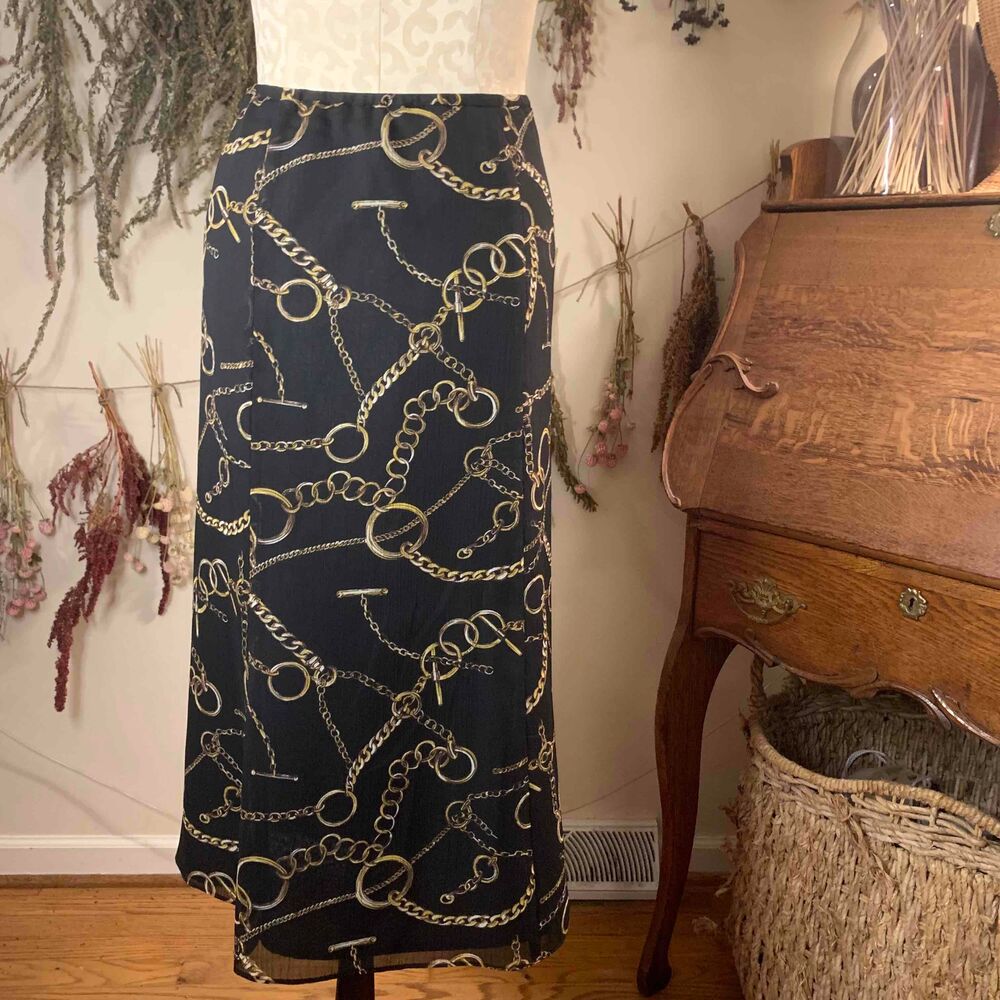 Evan Picone Black Gold Chain Midi Plus Size A Line Skirt Size 16